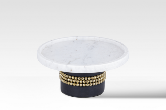 Aurelia Cake Stand In Black By Belle Aura Side View Showcasing Marble Surface And Brass Detailing