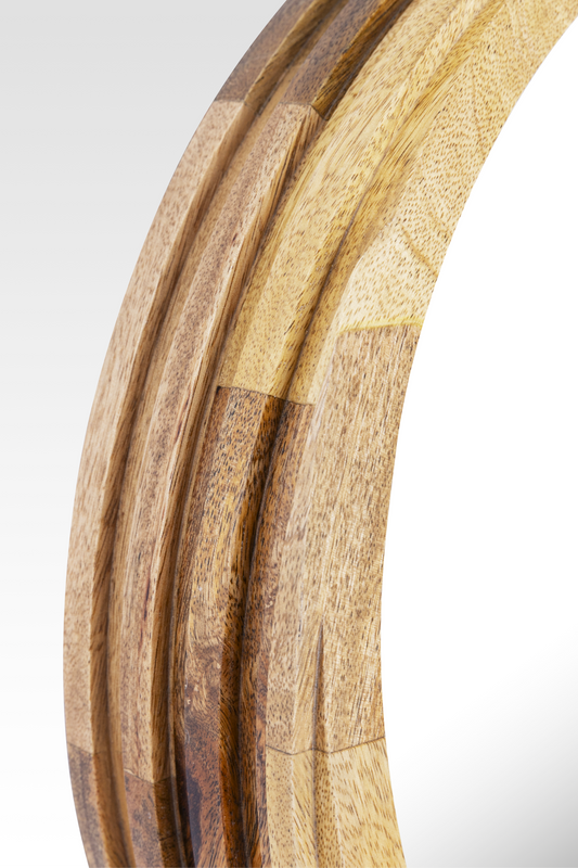 Arbor Round Wall Mirror By Bella Aura – Close Up View Highlighting The Textured Wooden Frame Details