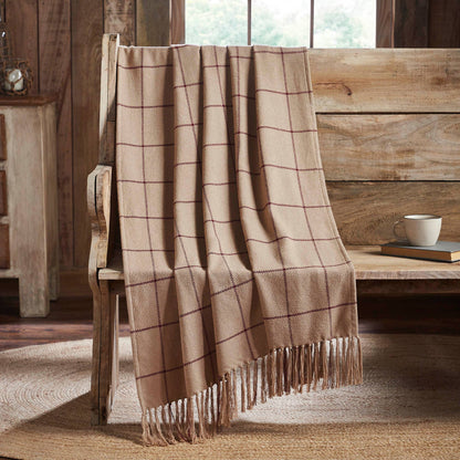 Beige Windowpane Woven Throw Draped On Wooden Bench By Belle Aura