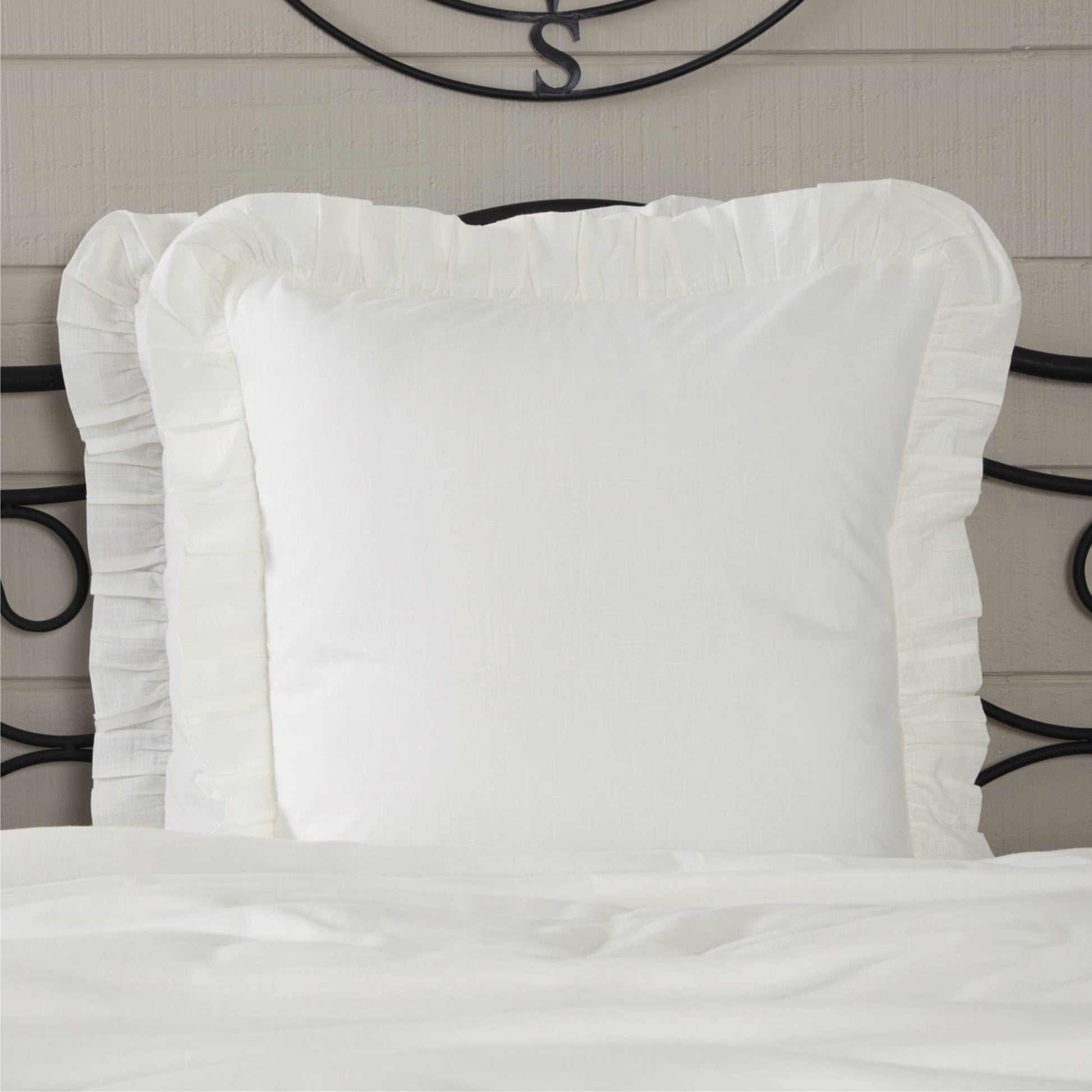 Front view of Elizabeth Ruffled White Euro Sham pillow by belle aura
