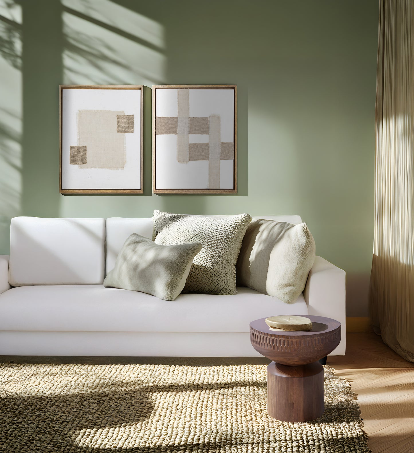 Textile Wall Decor By Belle Aura Displayed Above Modern Sofa In Living Room