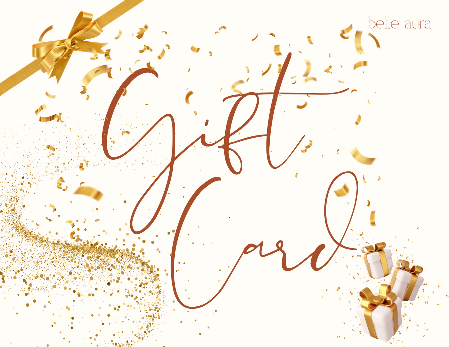 belle aura Gift card with gold confetti and ribbon design