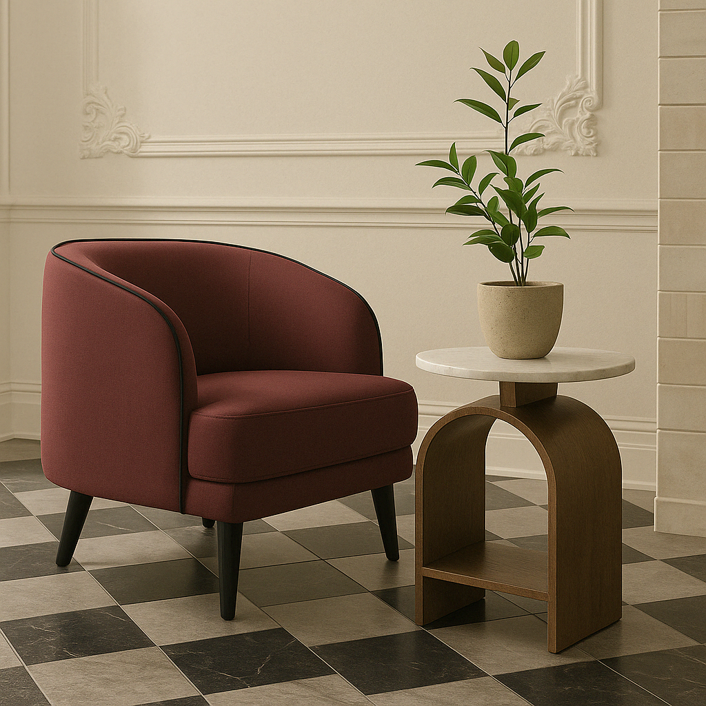 Beleza Accent Chair In Ruby Amber – Stylish Accent Chair Placed In Elegant Room With Side Table And Plant