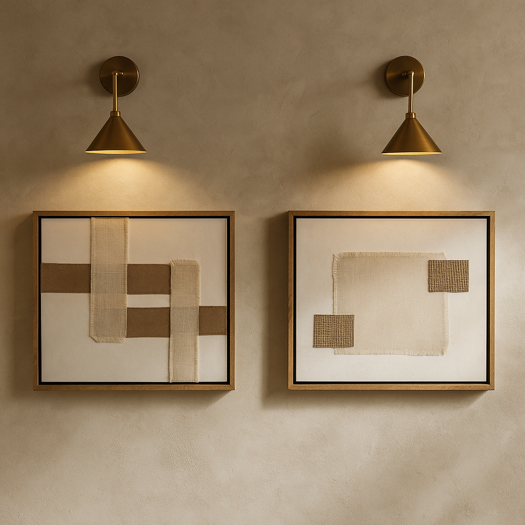 Textile Wall Decor Set Of 2 By Belle Aura Hung On Beige Wall With Brass Lights