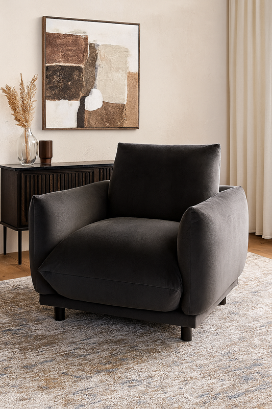 Plum Accent Chair In Midnight By Belle Aura – Styled In Modern Living Room