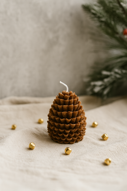 Single Pine Cone Candle on soft fabric by belle aura