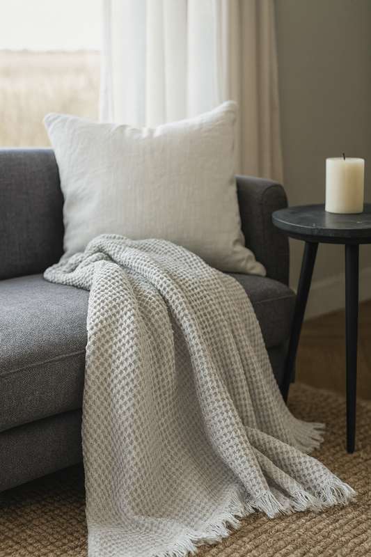 Gray Waffle Turkish Cotton Blanket draped on sofa by Belle Aura