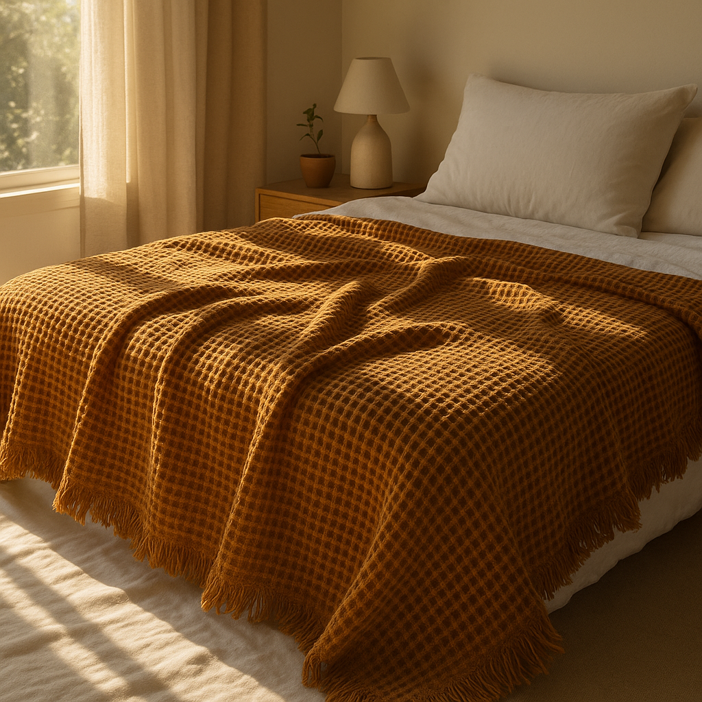 Mustard Waffle Turkish Cotton Blanket laid on bed by belle aura
