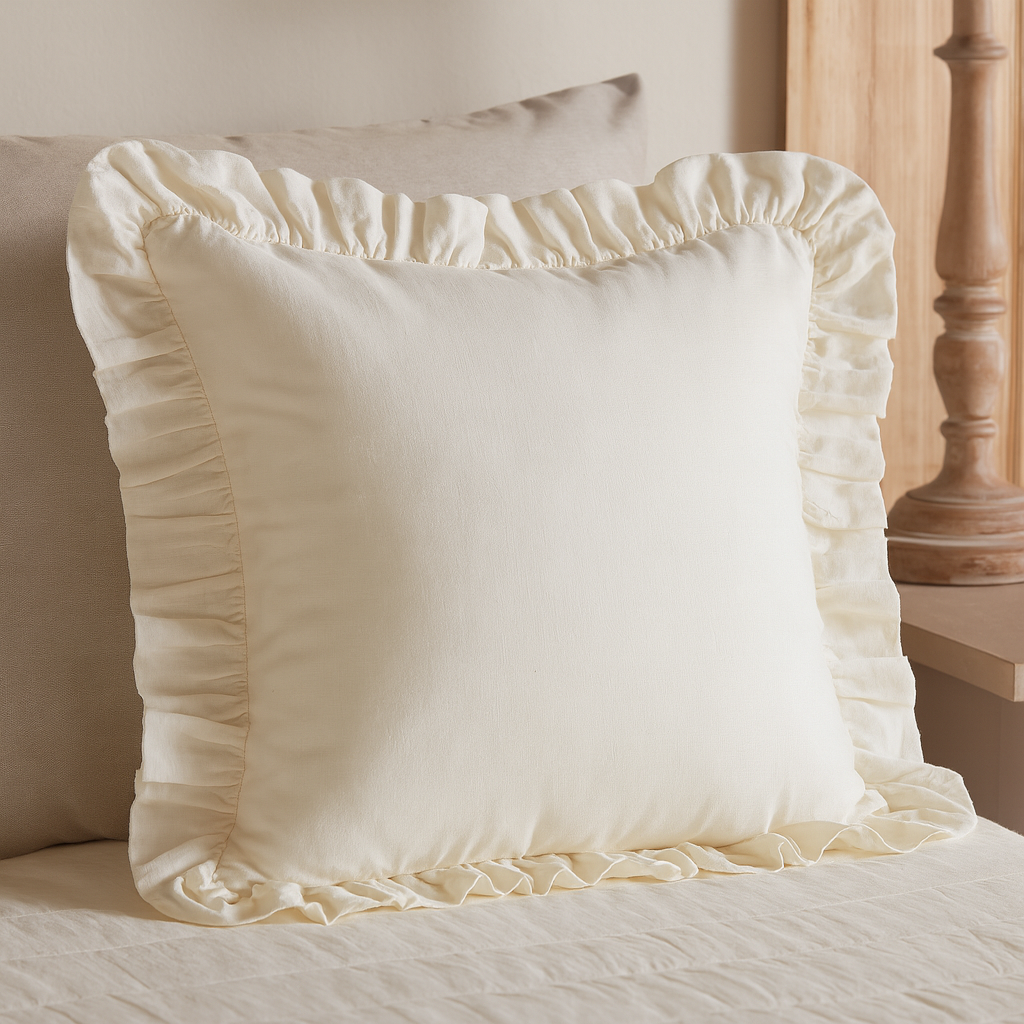 Styled Elizabeth Ruffled Euro Sham on a beige chair in soft lighting by belle aura