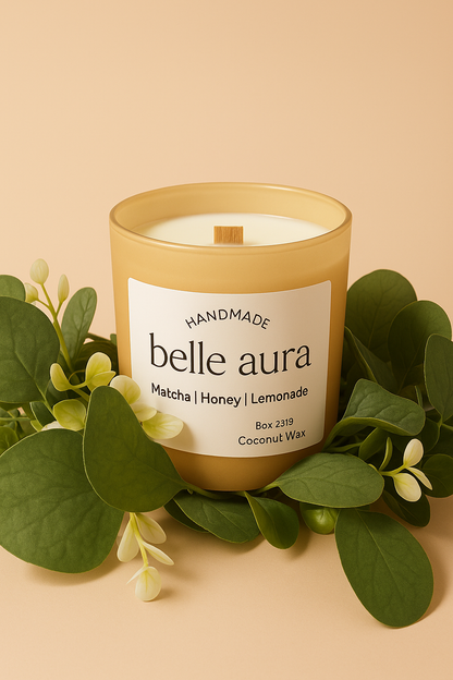 Belle Aura Handmade Candle Matcha Honey Lemonade with natural greenery