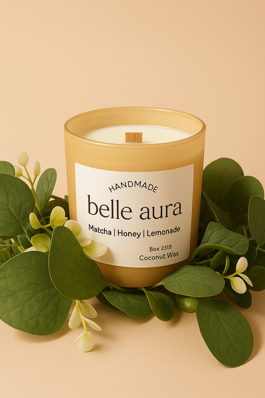 Belle Aura Handmade Candle Matcha Honey Lemonade with natural greenery