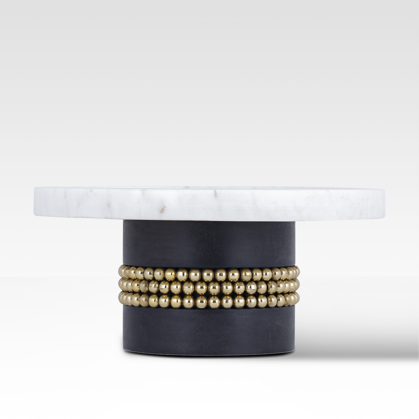Aurelia Cake Stand In Black By Belle Aura Front View With Marble Top And Decorative Base