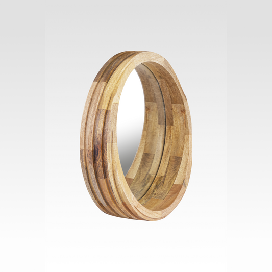 Arbor Round Wall Mirror By Bella Aura – Front Angle View Of Round Wooden Frame Mirror With Layered Design