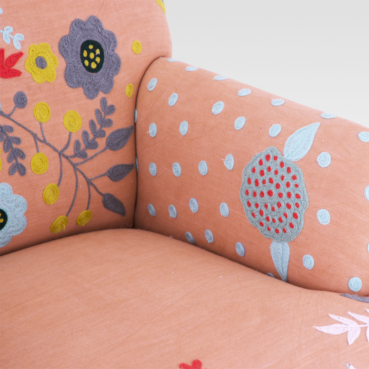 Unik Accent Chair in Burnt Peach by Belle Aura, Close-Up Of The Arm And Pattern.