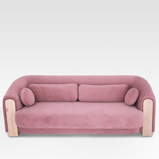 Three-Quarter View Of Mitda Sofa In Coral Blush By Belle Aura