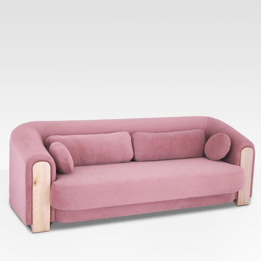 Angled Side View Of Mitda Sofa In Coral Blush By Belle Aura