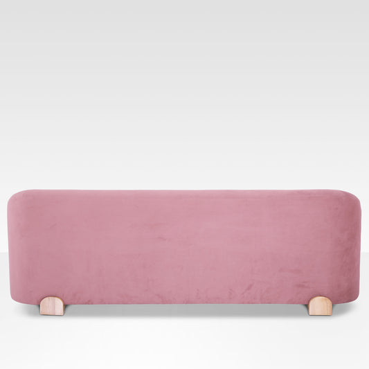 Back View Of Mitda Sofa In Coral Blush By Belle Aura showcasing Wooden Leg and Upholstery