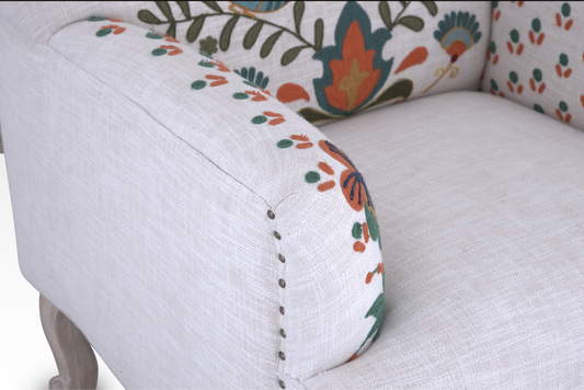 Close-Up Of The Side Arm And Pattern Of The Mor Accent Chair In Birch Cream By Belle Aura.