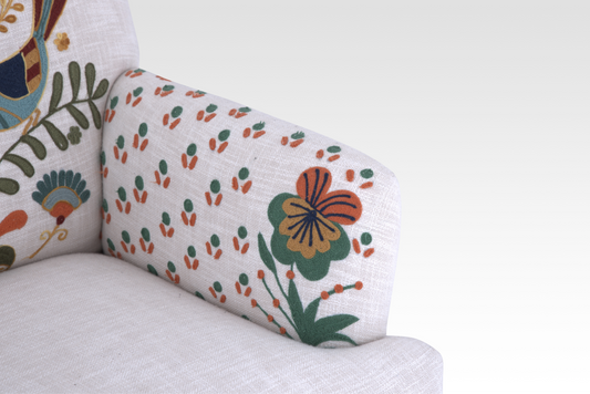 Close-Up Of The Left Side Arm And Pattern Of The Mor Accent Chair In Birch Cream By Belle Aura.