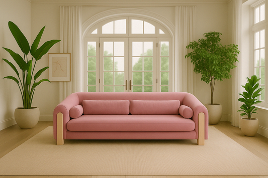 Mitda Sofa In Coral Blush In Modern Room Setting By Belle Aura