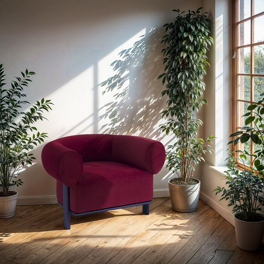 Gala Accent Chair In Cranberry By Belle Aura - Side View By Window