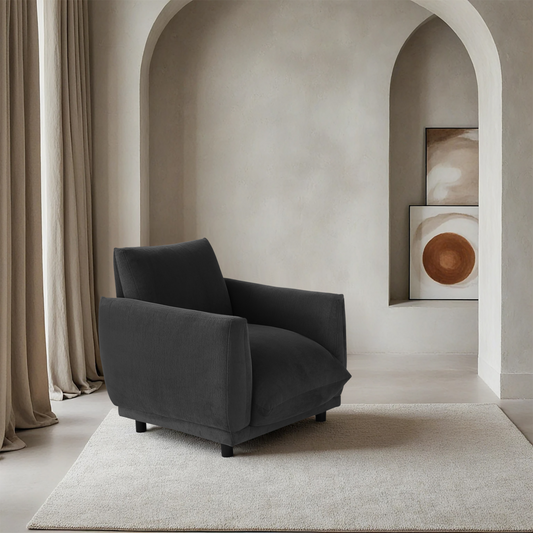 Plum Accent Chair In Midnight By Belle Aura – Side View In Living Room