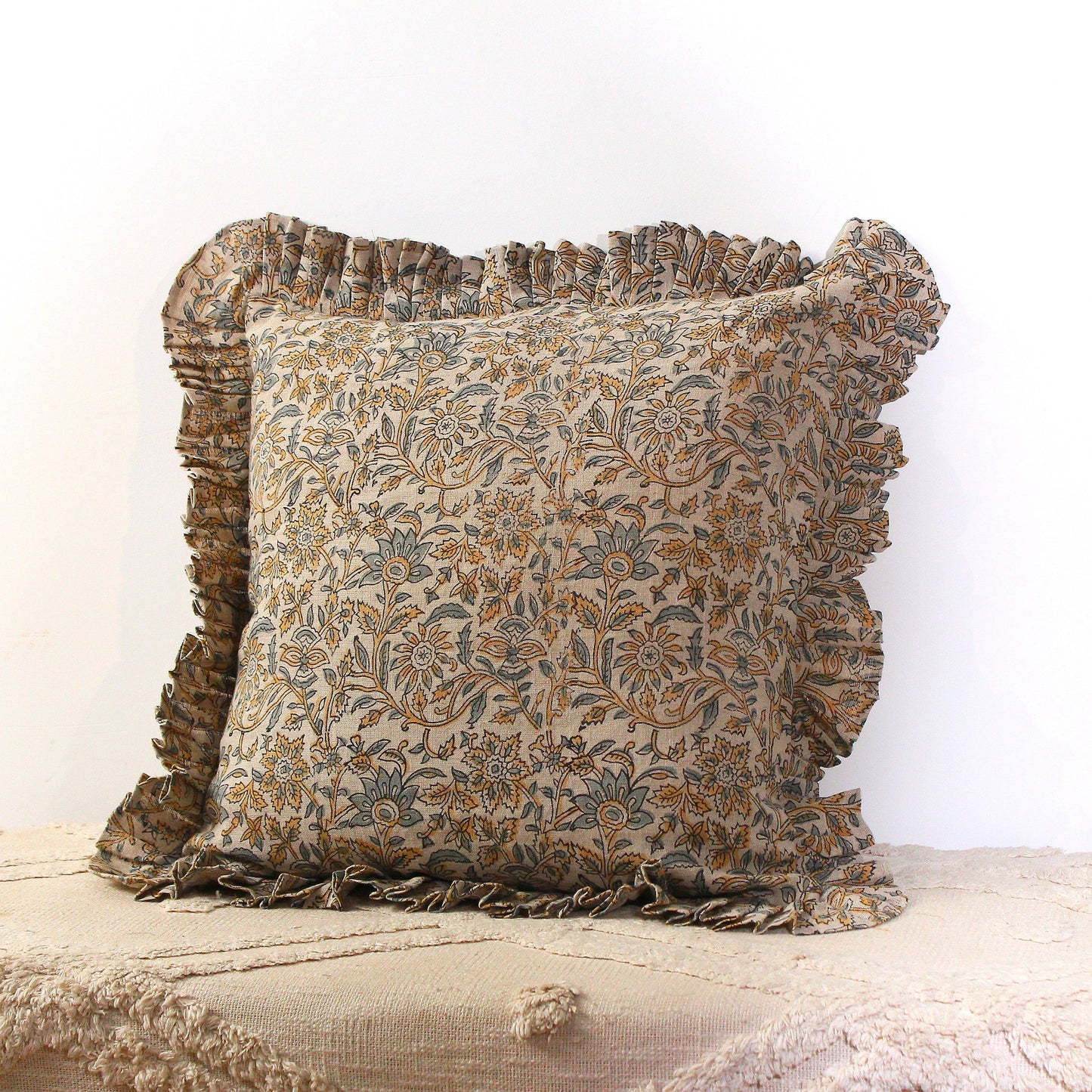 Floral Hand Block Printed Linen Pillow