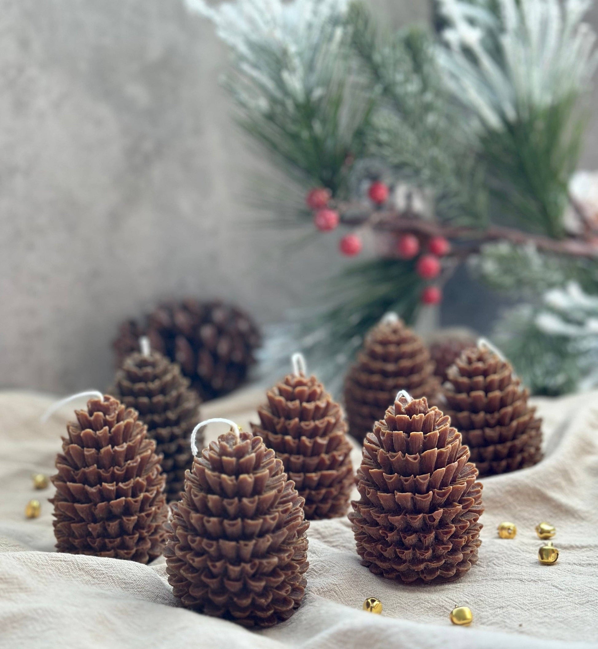 Brown Pine Cone Candles with holiday decor by belle aura