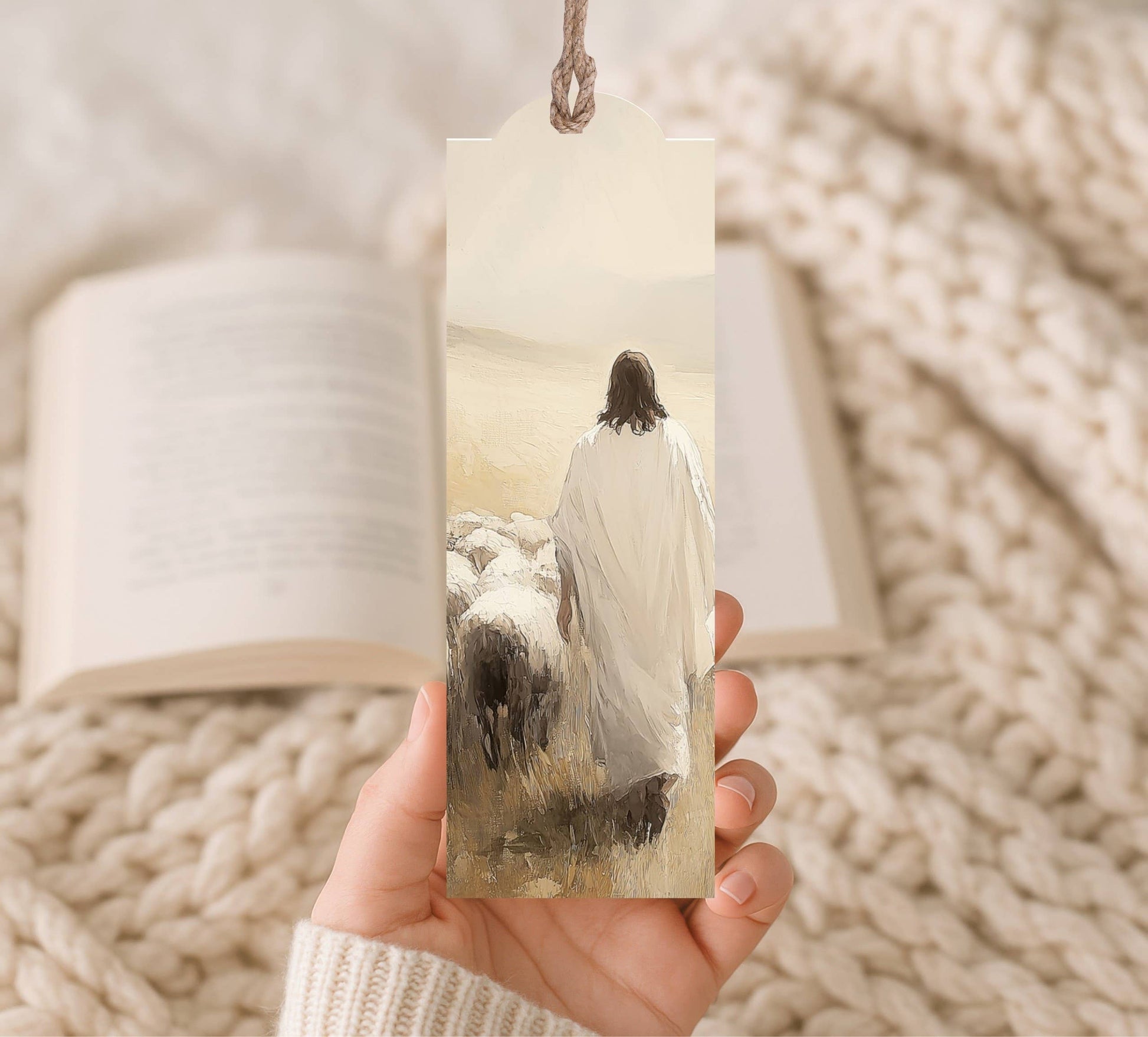 Wood Bookmark Jesus Sheep Held Over Open Book by Belle Aura