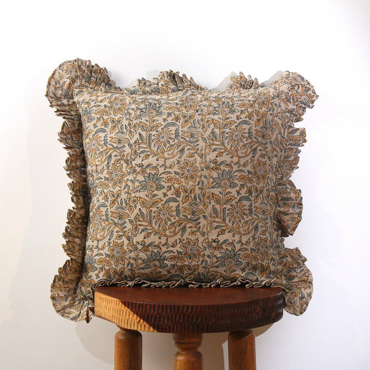 Floral Hand Block Printed Linen Pillow