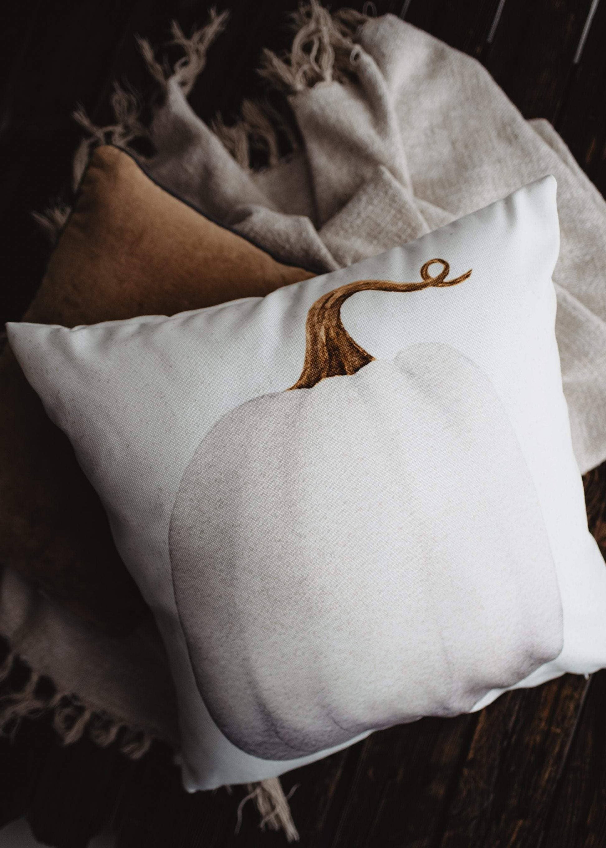 White Curly Stem Pumpkin Pillow Cover by Belle Aura