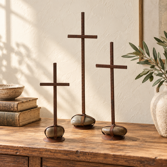 Rustic Metal Crosses with Caged Rock Bases Set of 3