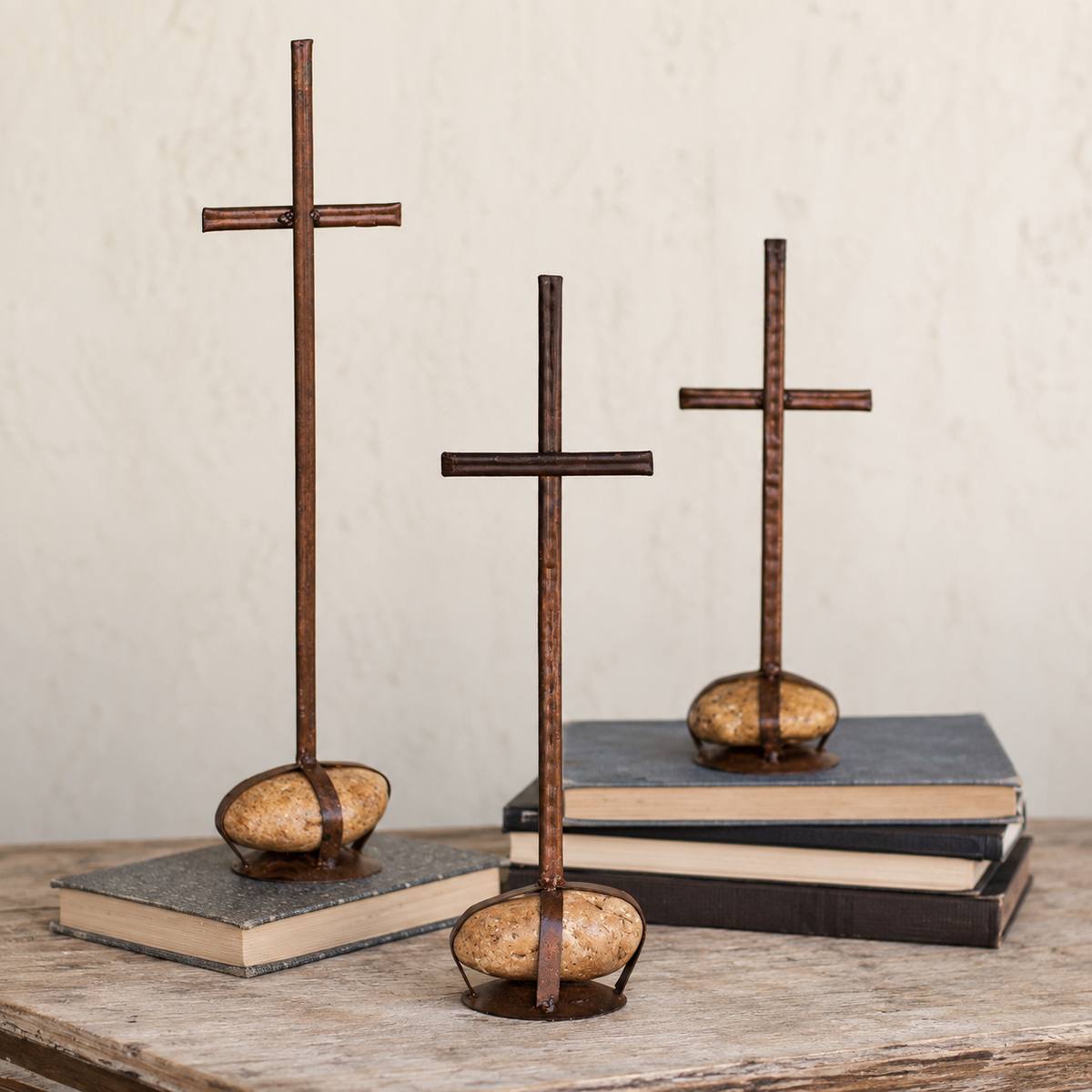 Rustic Metal Crosses with Caged Rock Bases Set of 3