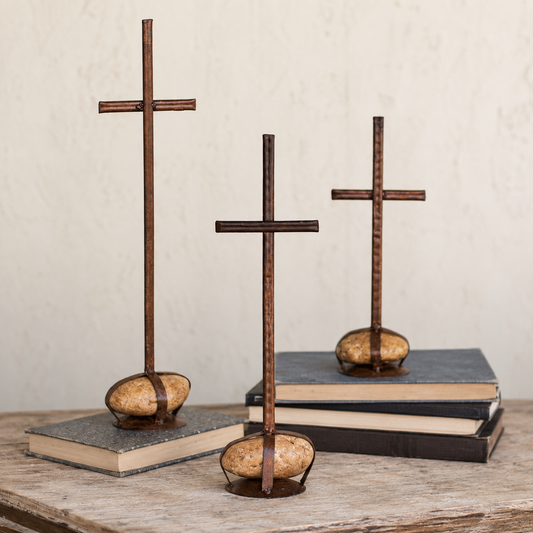 Rustic Metal Crosses with Caged Rock Bases Set of 3