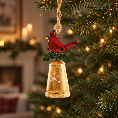 Cardinal Bell Ornament with Holly & Snowflake Accent