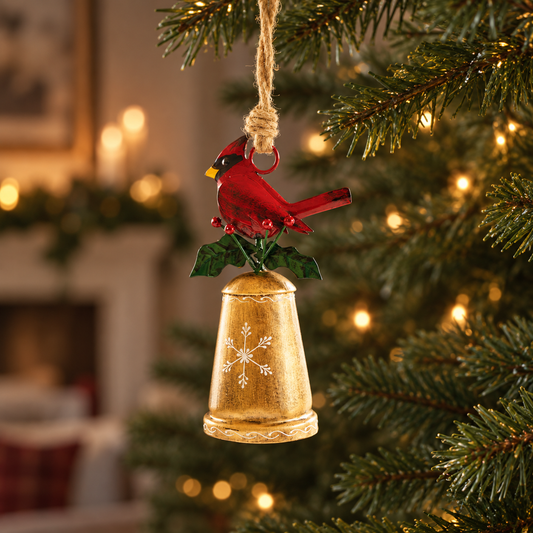 Cardinal Bell Ornament with Holly & Snowflake Accent