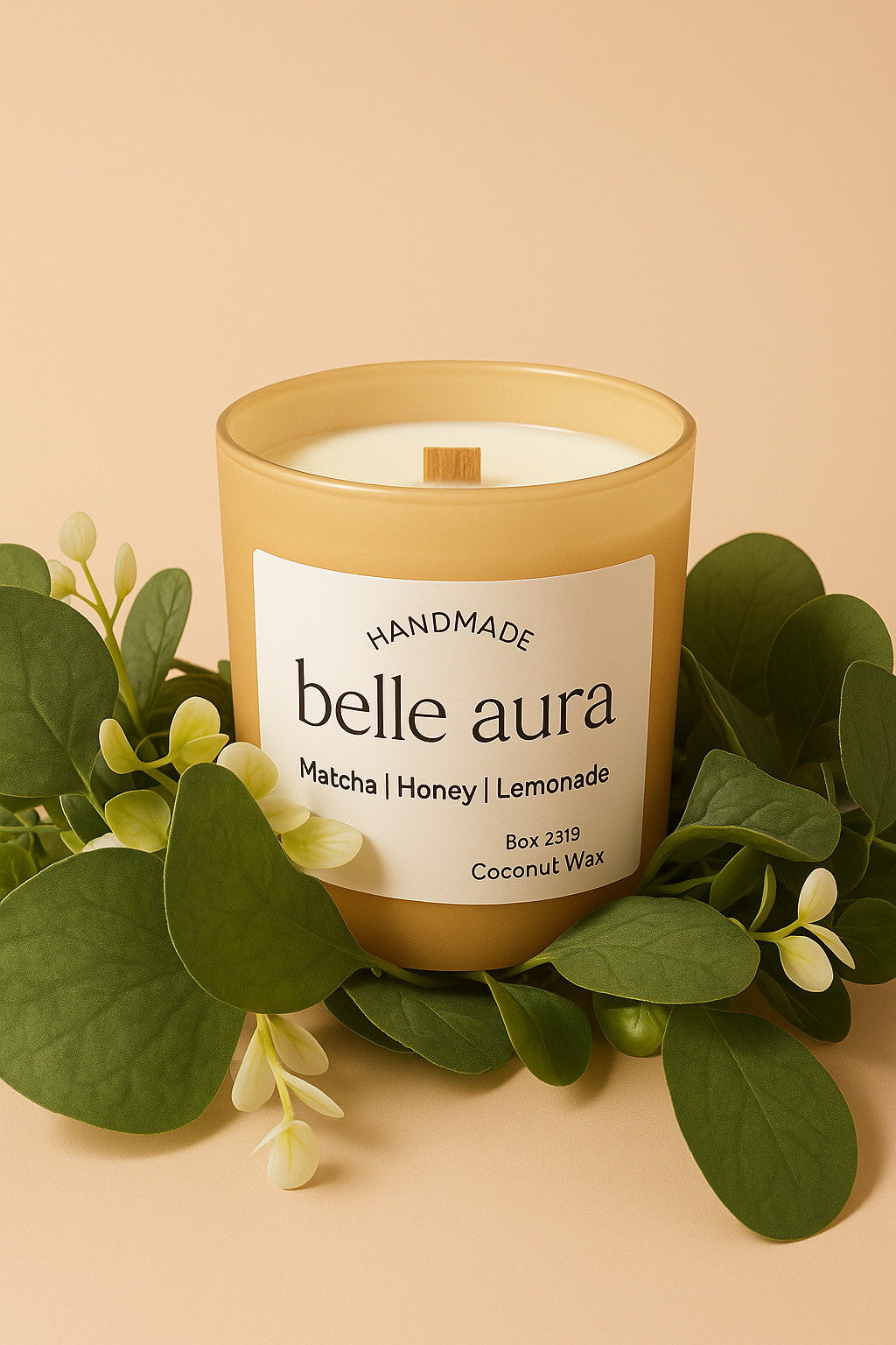 Belle Aura Handmade Candle Matcha Honey Lemonade with natural greenery
