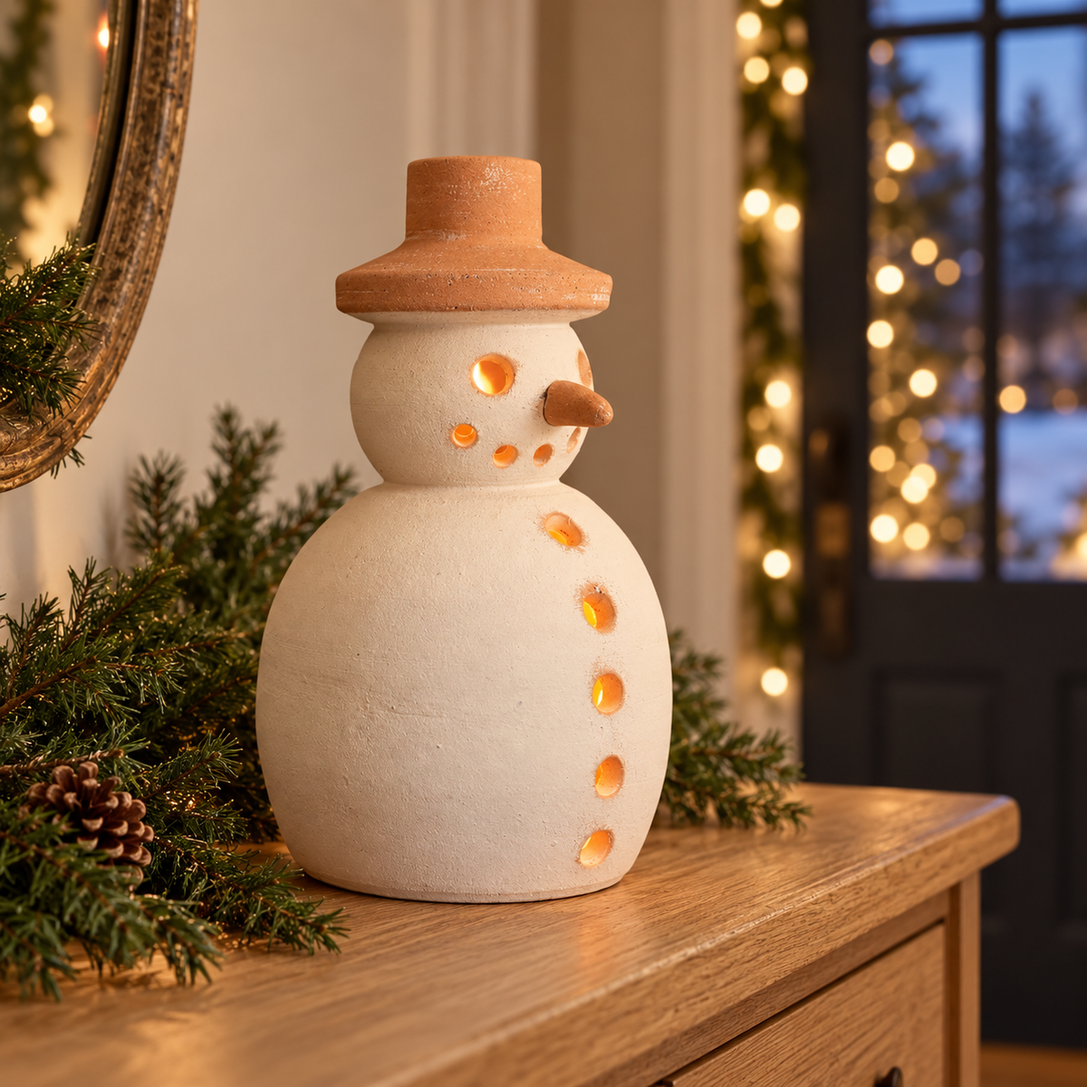 Handcrafted Terracotta & Ivory Snowman Clay Luminary Accent