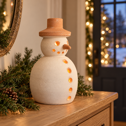 Handcrafted Terracotta & Ivory Snowman Clay Luminary Accent