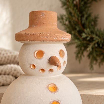 Handcrafted Terracotta & Ivory Snowman Clay Luminary Accent