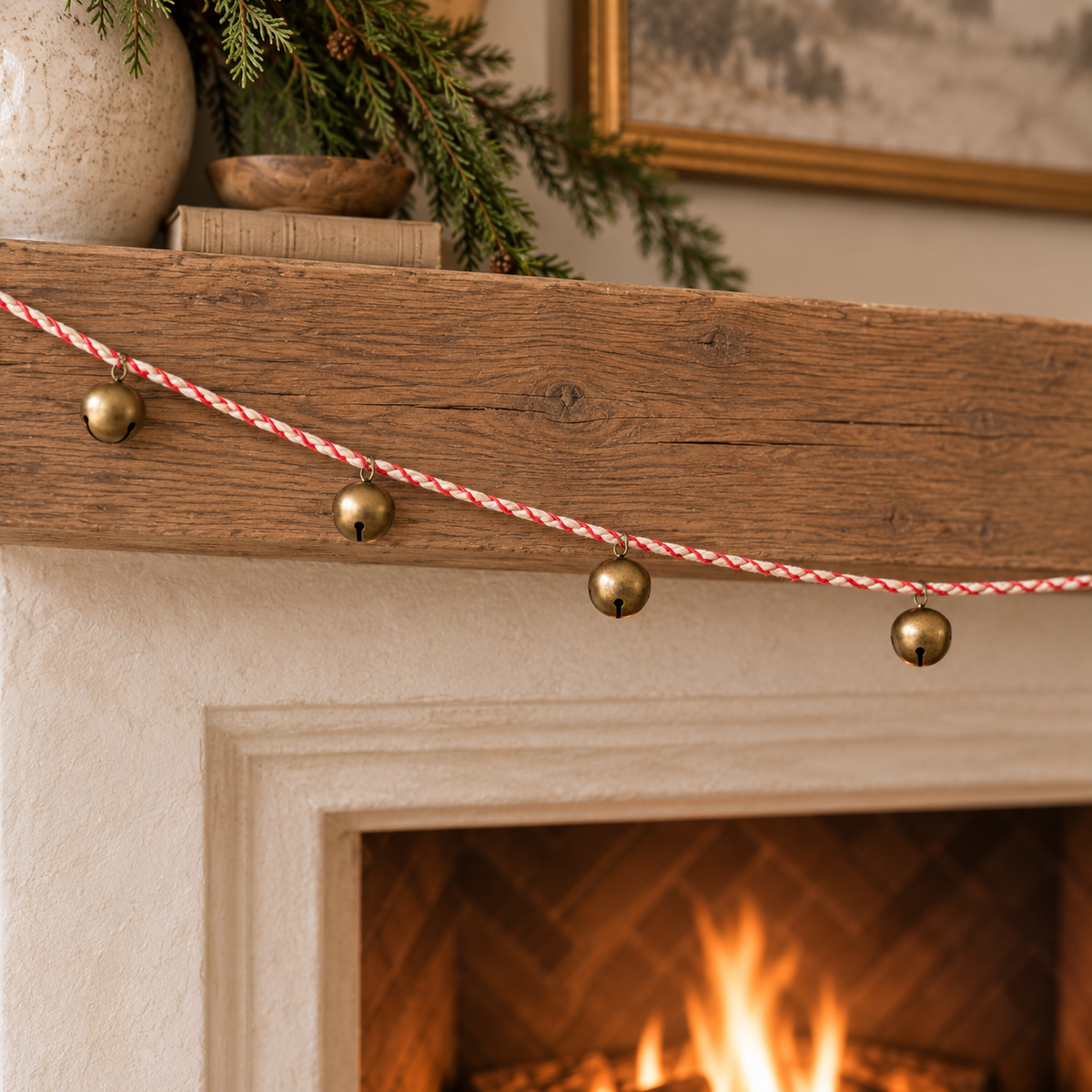 Vintage Brass Jingle Bell Garland on Red & White Baker's Twine