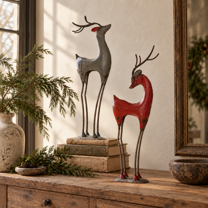 Rustic Recycled Scrap Metal Reindeer Statues – Set of 2