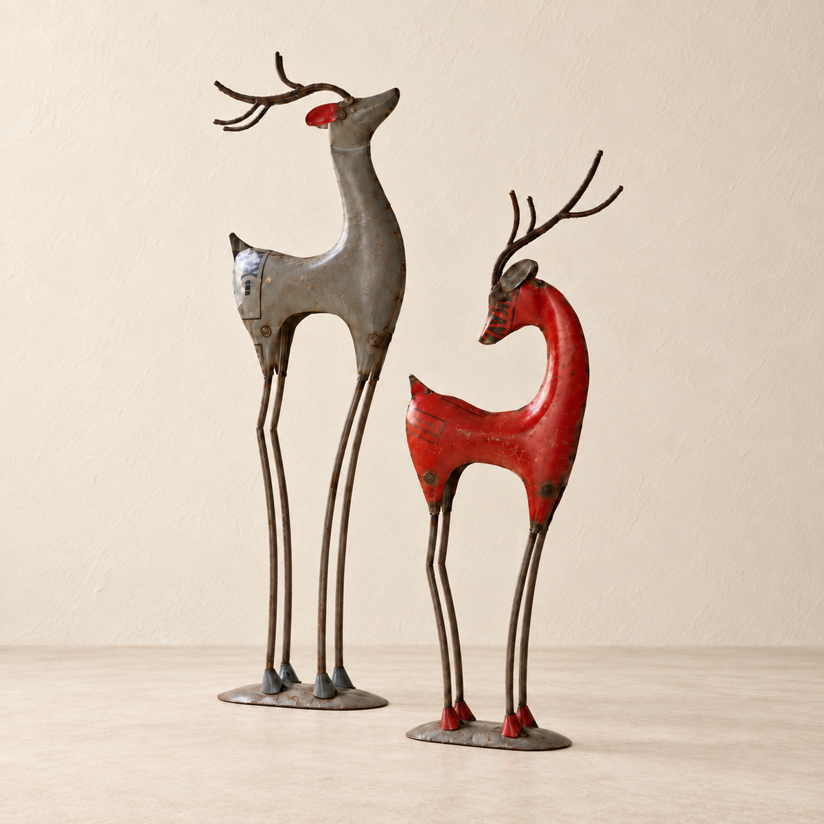Rustic Recycled Scrap Metal Reindeer Statues – Set of 2