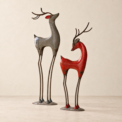 Rustic Recycled Scrap Metal Reindeer Statues – Set of 2