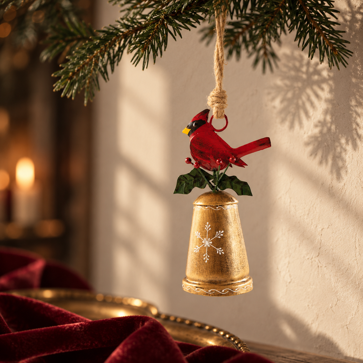 Cardinal Bell Ornament with Holly & Snowflake Accent