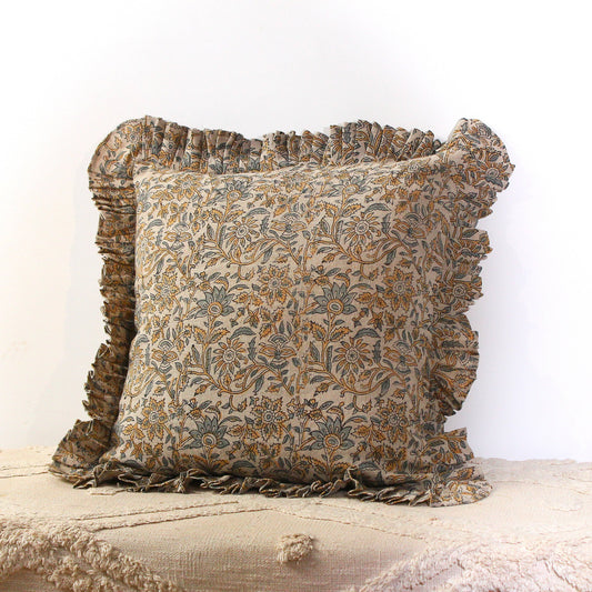 Floral Hand Block Printed Linen Pillow