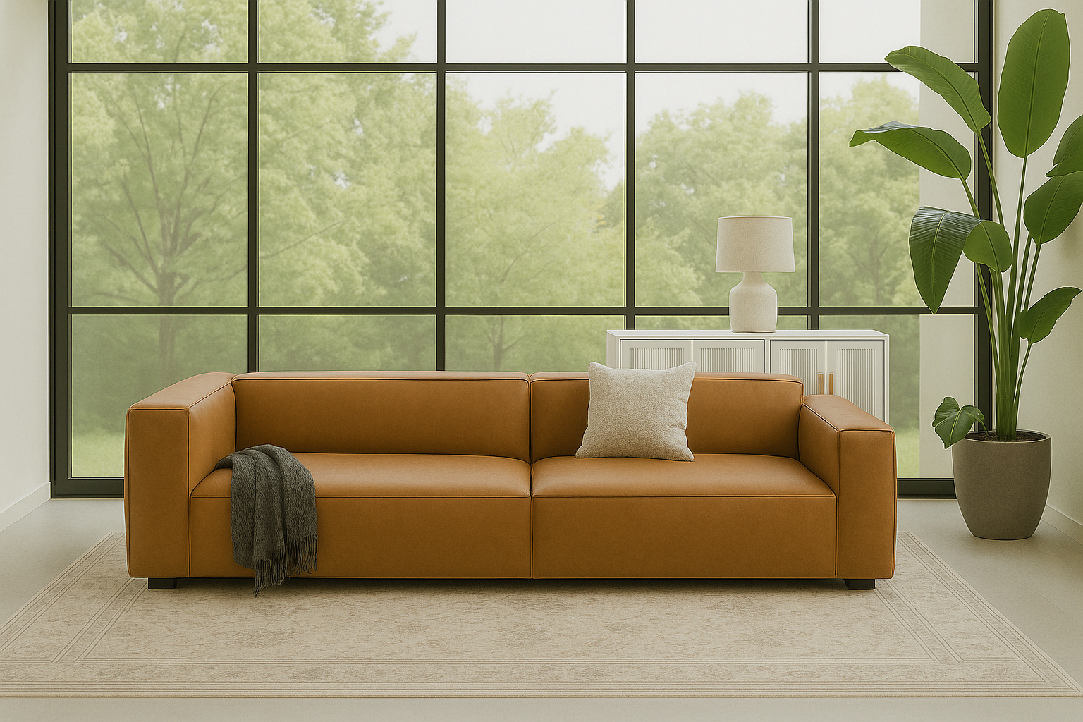 A modern living room featuring the Aaran cognac leather sofa in front of large windows, styled with a Bird of Paradise plant, a cream rug, and a white sideboard.