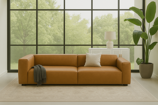 A modern living room featuring the Aaran cognac leather sofa in front of large windows, styled with a Bird of Paradise plant, a cream rug, and a white sideboard.