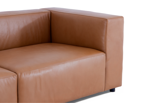A close-up view of the Aaran sofa showing the wide square track arm and deep seat cushion in smooth cognac leather.