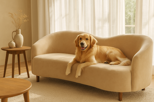 A comfortable lifestyle view of the curved Aaria sofa in cream velvet, styled in a warm living room with a friendly Golden Retriever resting on the seat next to a Gala Accent Chair and an Olive Tree.